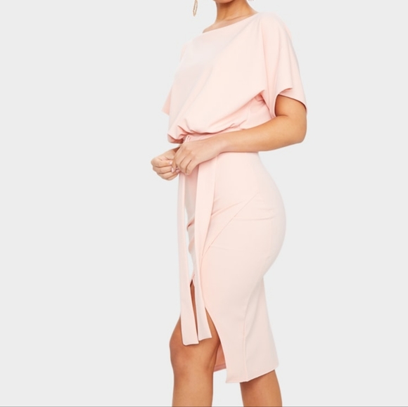 NWT PLT Nude Wrap Front Belted Kimono Sleeve Tulip Pencil Skirt Midi Dress Sz 4 - Picture 3 of 10